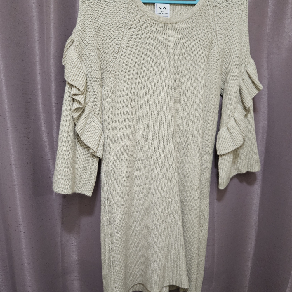 Vivi By Violet Weekend Taupe Knit Dress with Ruffle Sleeves - Size XL